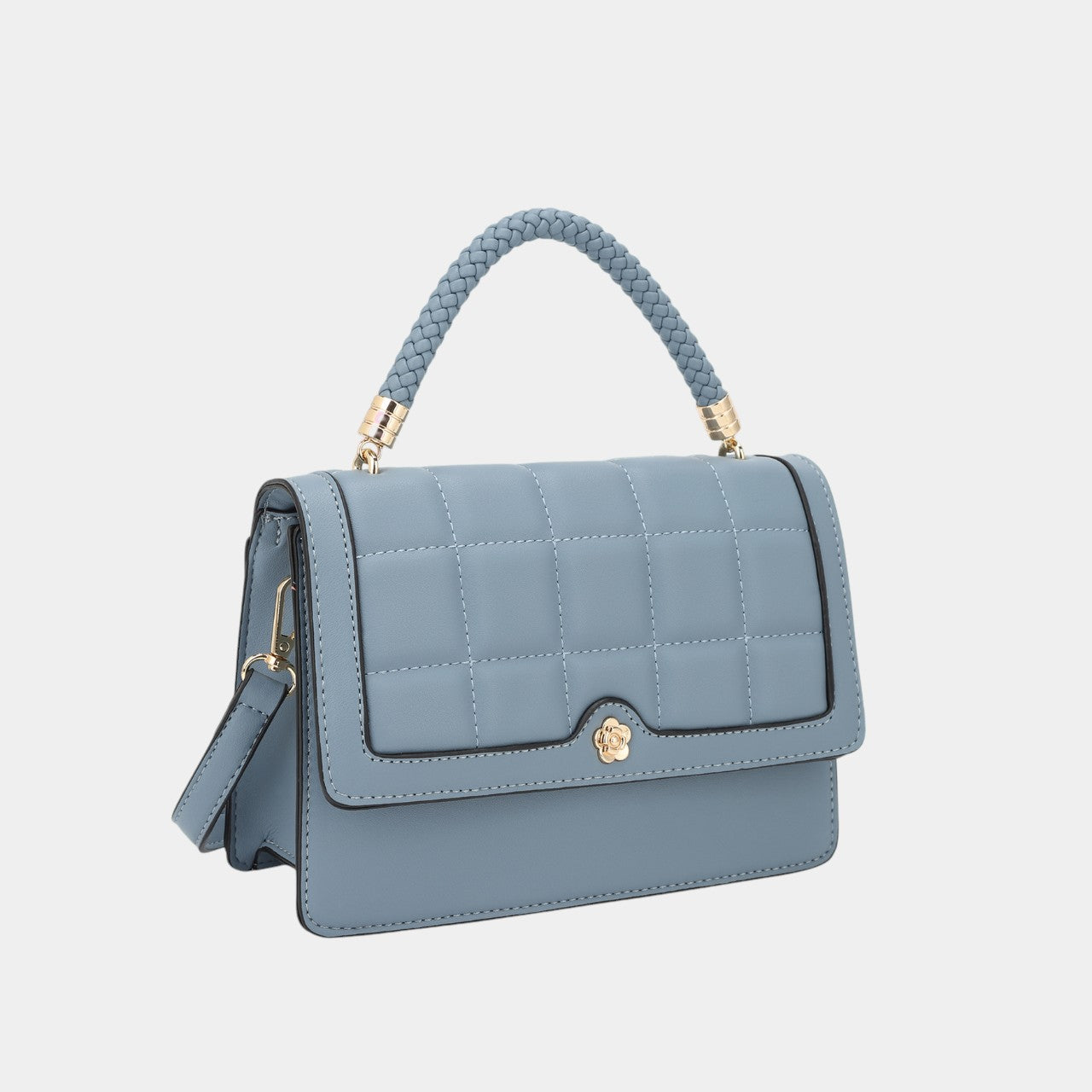 Elegant Quilted Crossbody Bag with Braided Handle and Flower Button
