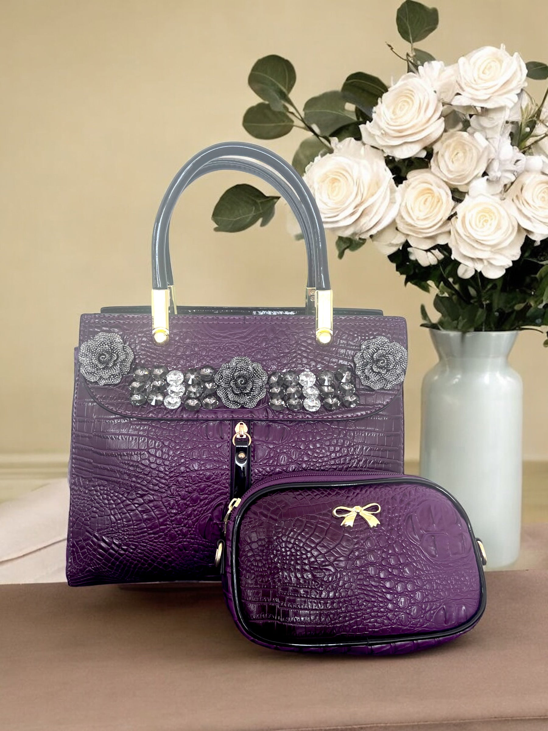 BagParty Flower Pattern Shiny Women Handbag Set