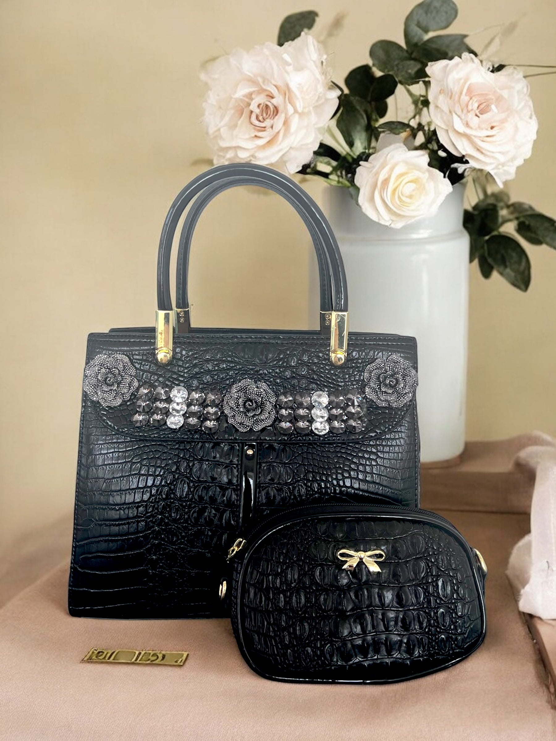 BagParty Flower Pattern Shiny Women Handbag Set
