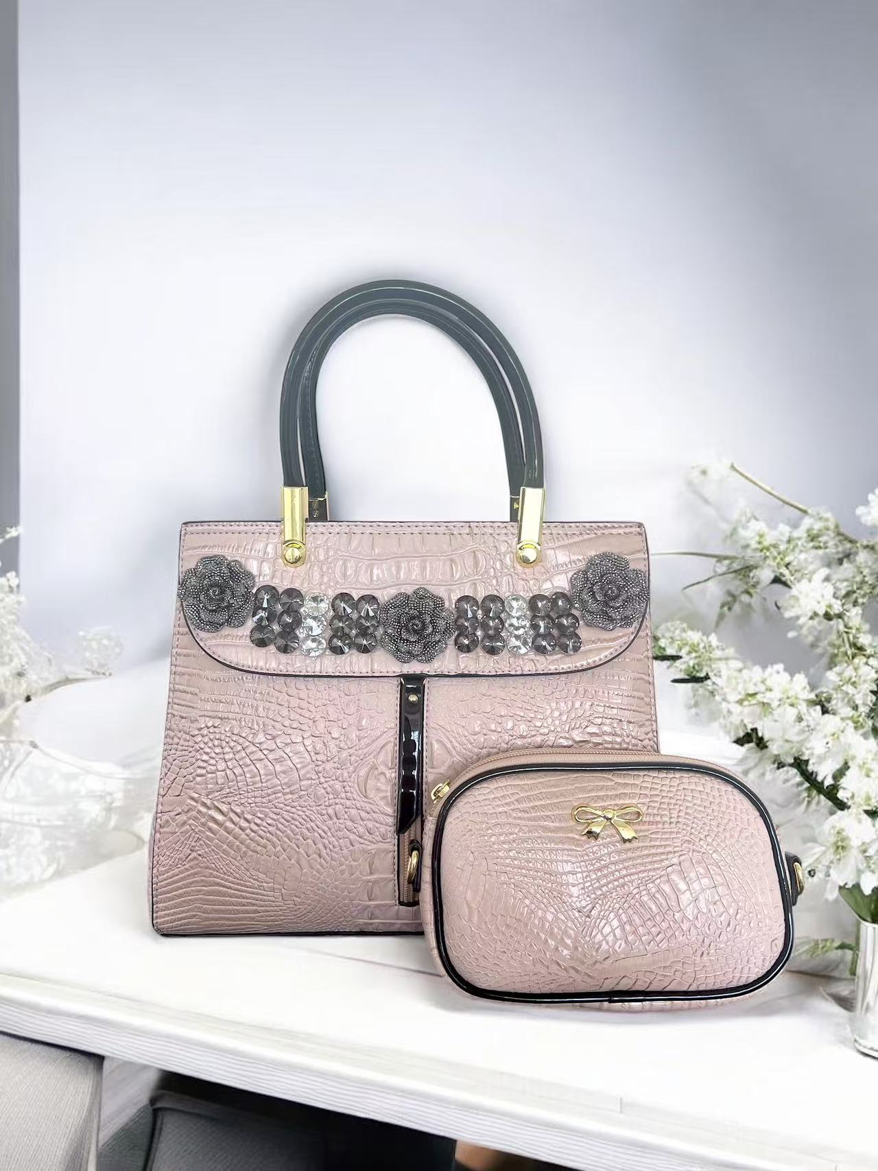 BagParty Flower Pattern Shiny Women Handbag Set