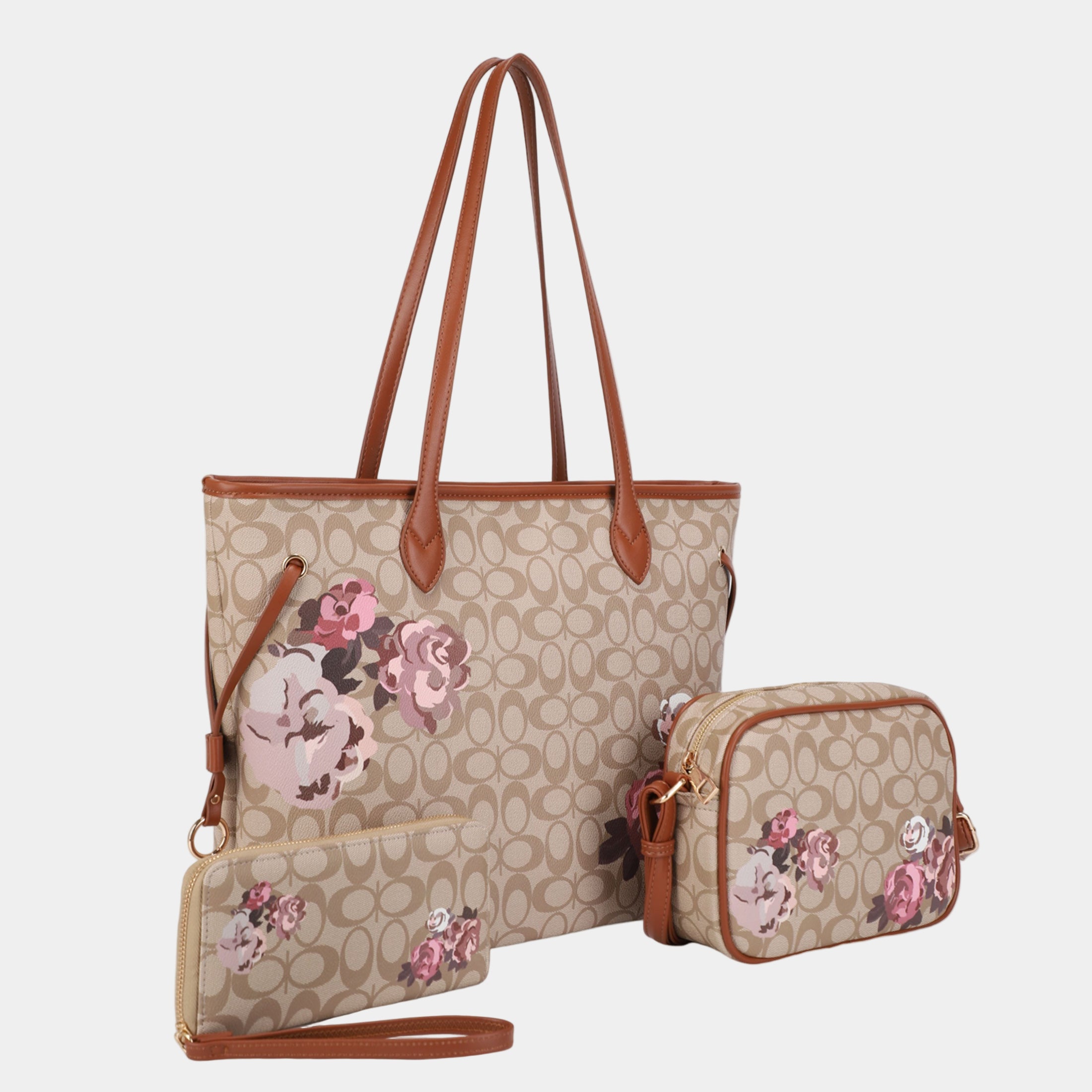 Floral Pattern 3-in-1 Letter Print Tote Set