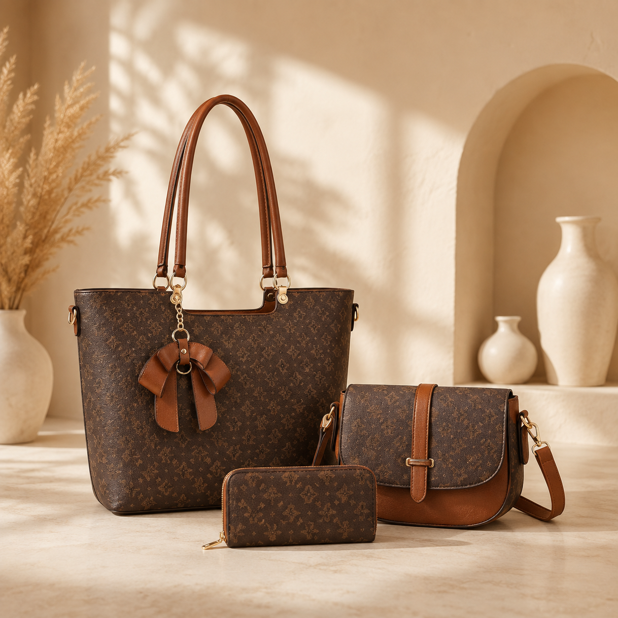 3-Piece Women’s Handbag Set, Large Tote Bag, Crossbody Shoulder Purse & Matching Wallet, Stylish Brown Fashion Set