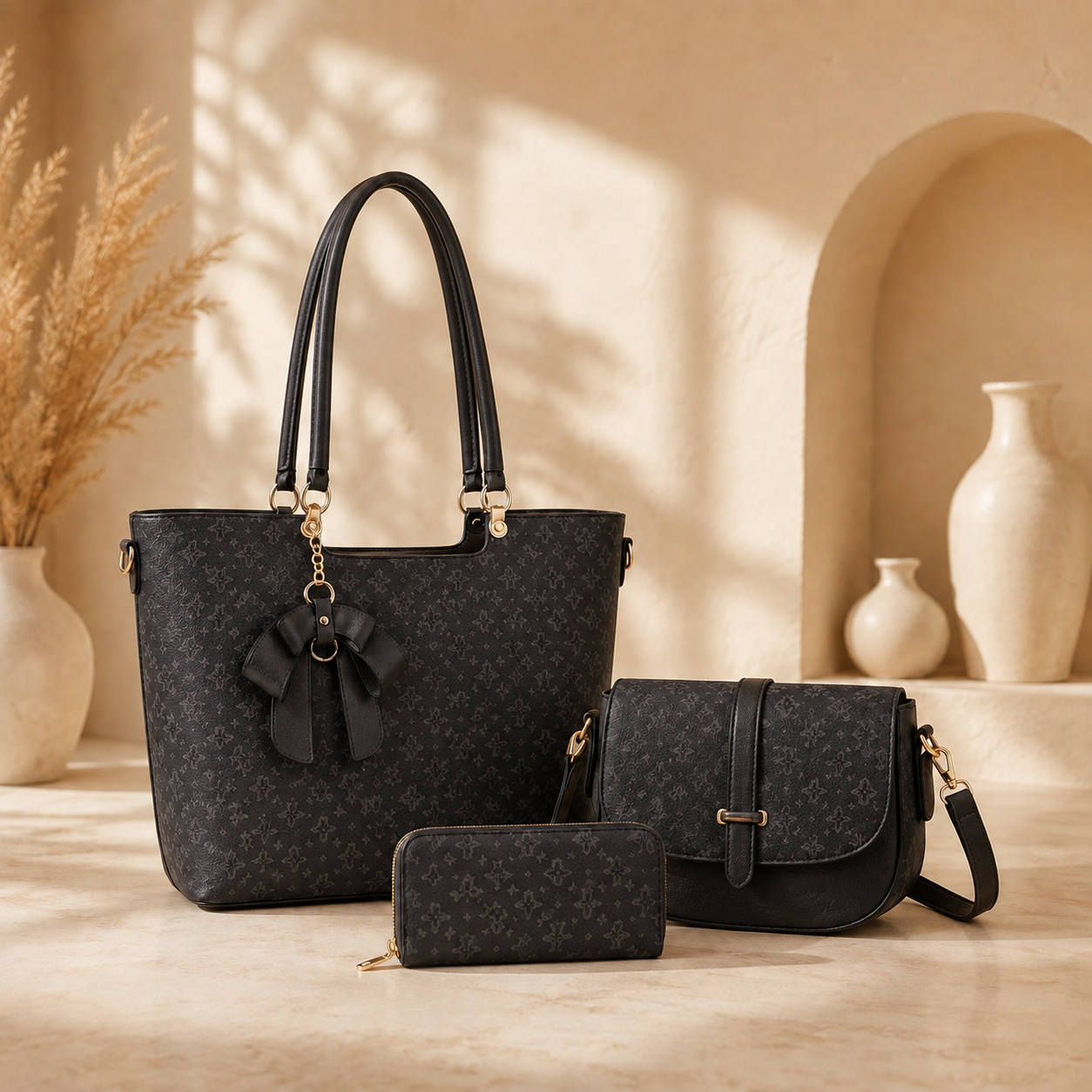 3-Piece Women’s Handbag Set, Large Tote Bag, Crossbody Shoulder Purse & Matching Wallet, Stylish Brown Fashion Set