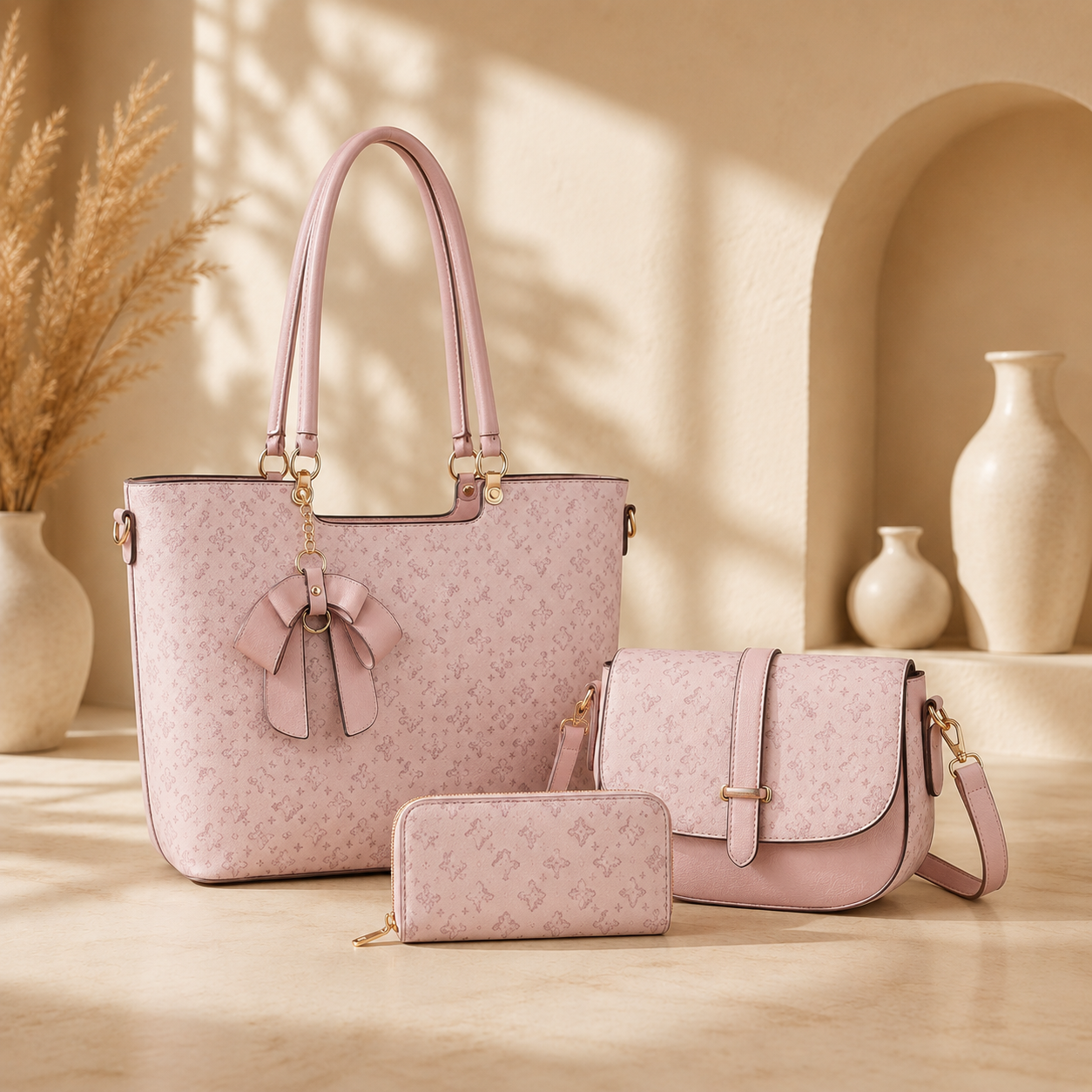 3-Piece Women’s Handbag Set, Large Tote Bag, Crossbody Shoulder Purse & Matching Wallet, Stylish Brown Fashion Set