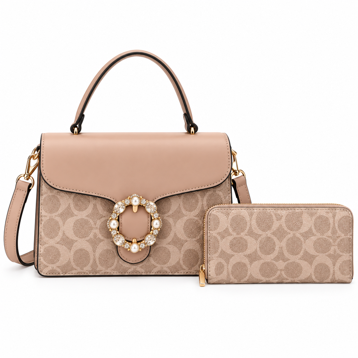 Bedazzled Rhinestone-Embellished C-Pattern Crossbody Bag Set
