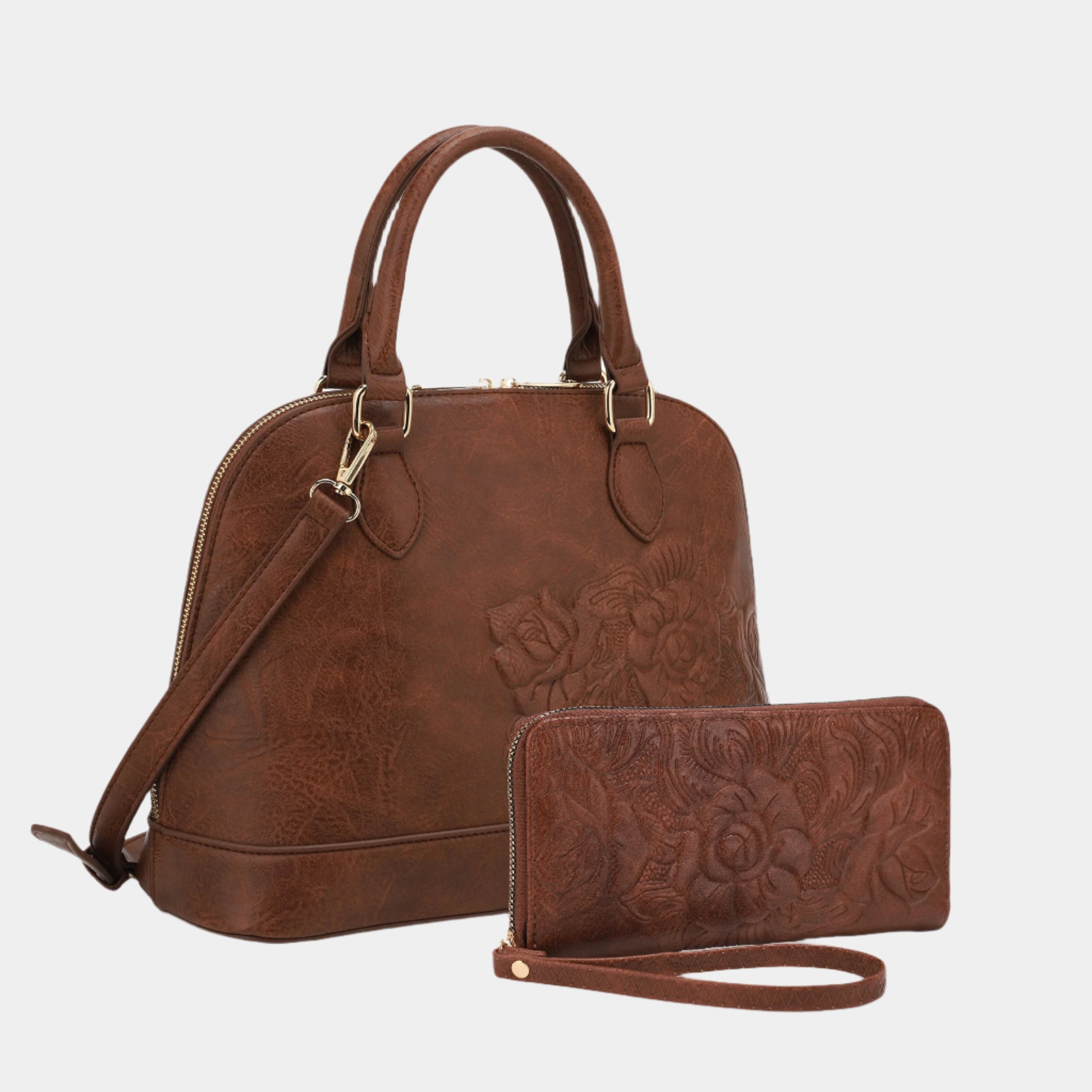 BagParty Embossed Floral Dome Satchel Handbag