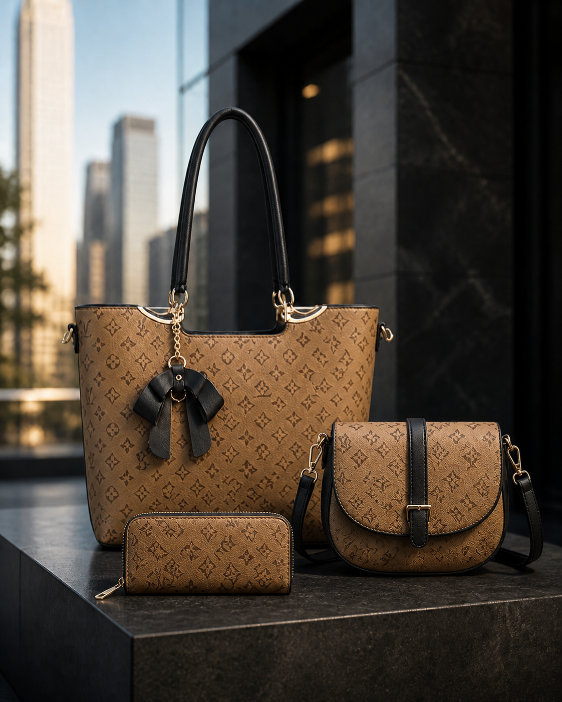 3-Piece Women’s Handbag Set, Large Tote Bag, Crossbody Shoulder Purse & Matching Wallet, Stylish Brown Fashion Set