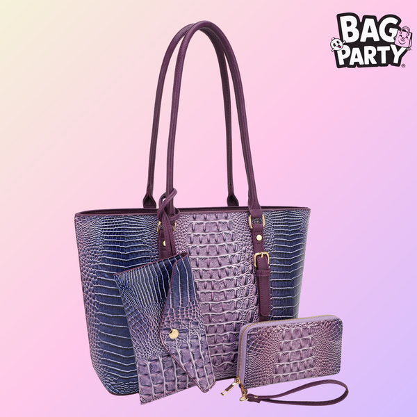 BagParty Exclusive 3 Piece Croc Embossed Tote Set