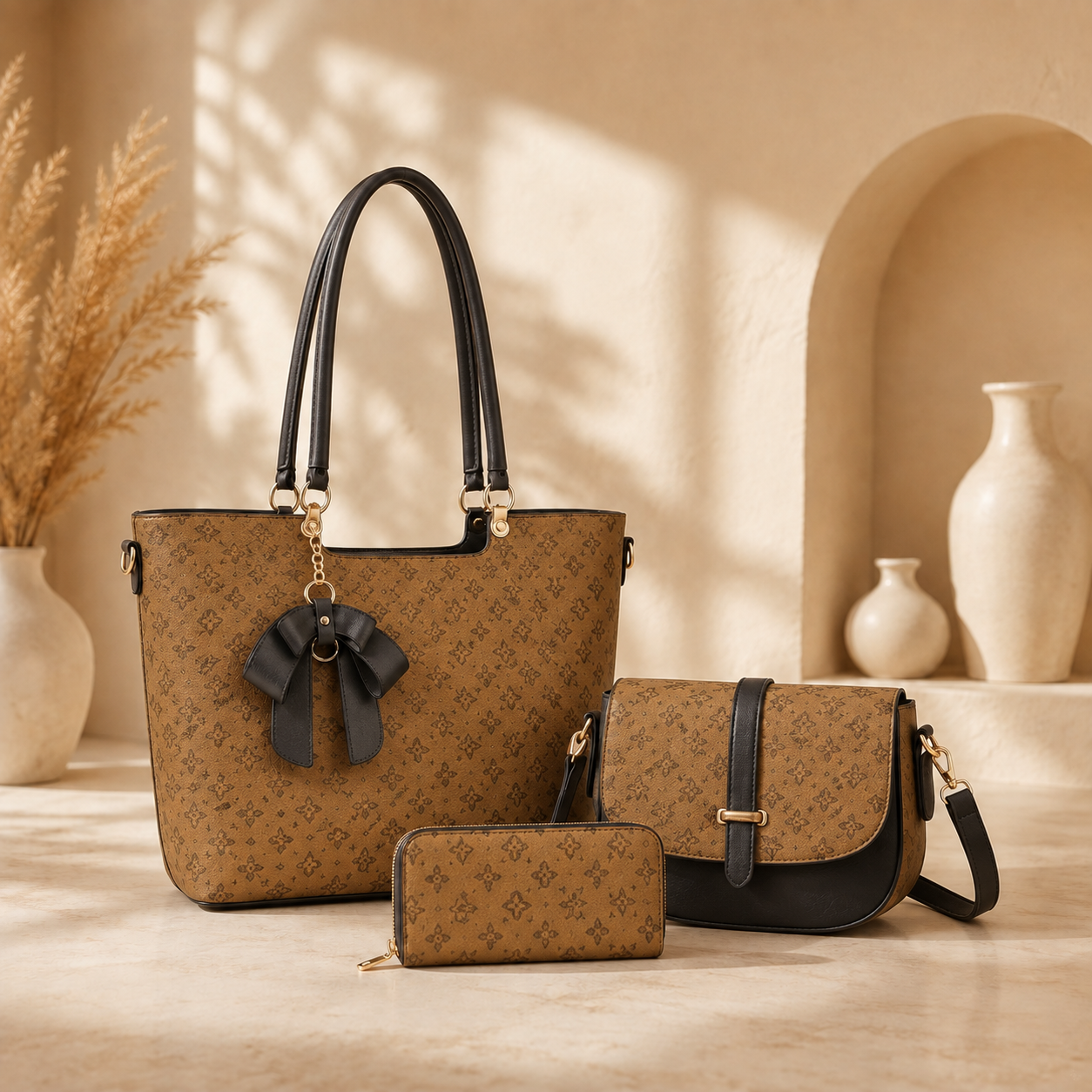 3-Piece Women’s Handbag Set, Large Tote Bag, Crossbody Shoulder Purse & Matching Wallet, Stylish Brown Fashion Set