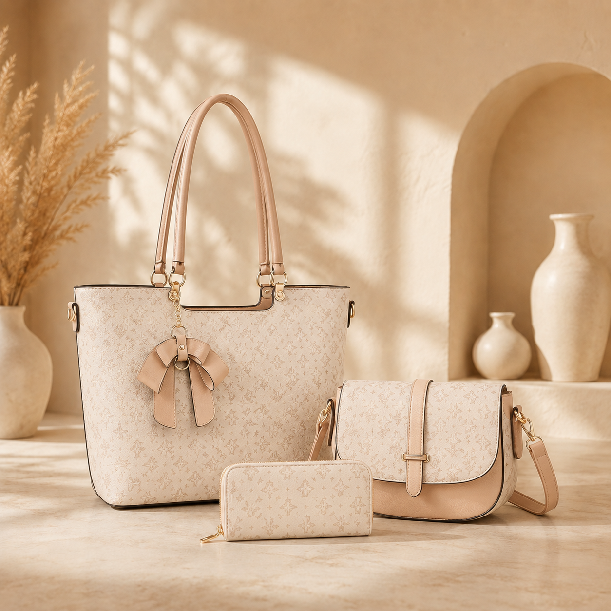 3-Piece Women’s Handbag Set, Large Tote Bag, Crossbody Shoulder Purse & Matching Wallet, Stylish Brown Fashion Set