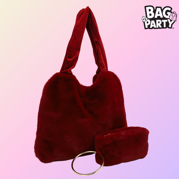 BagParty Exclusive Velvet Faux Fur Tote Set with Matching Mini Wristlet