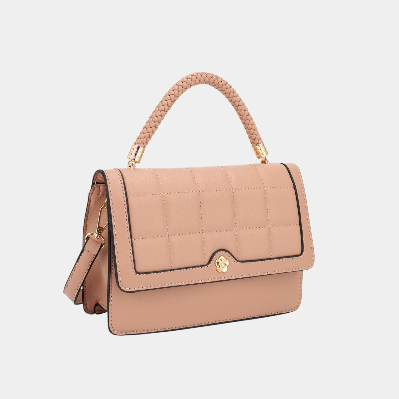 Elegant Quilted Crossbody Bag with Braided Handle and Flower Button