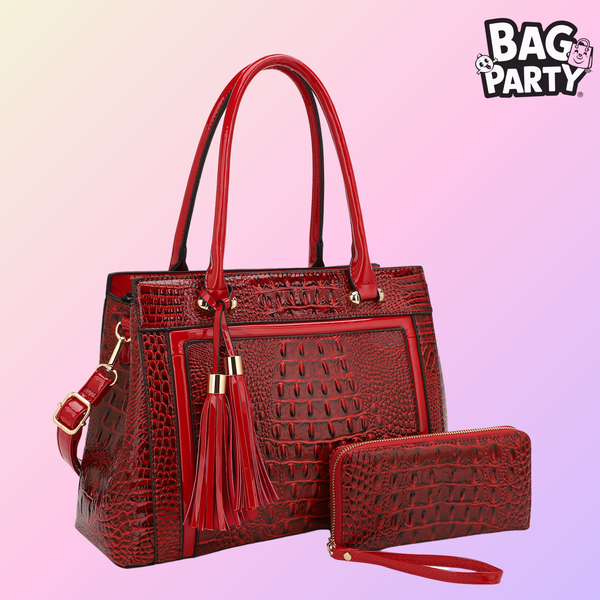 BagParty Crimson Elegance Croc-Embossed Tote Set