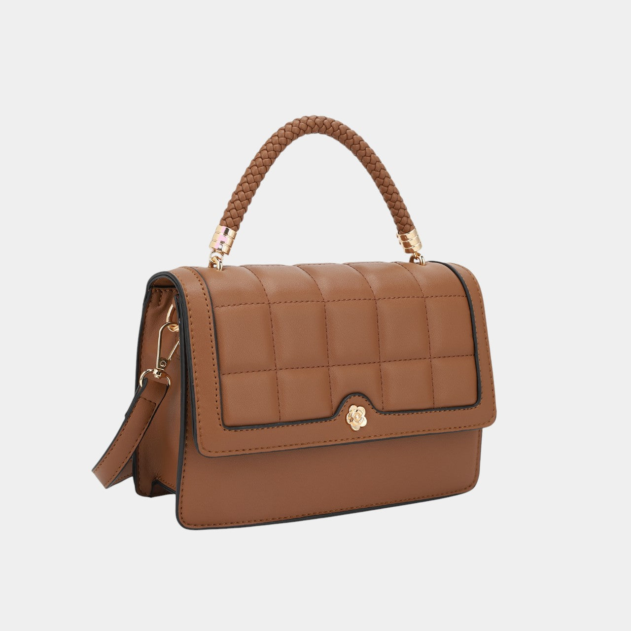 Elegant Quilted Crossbody Bag with Braided Handle and Flower Button