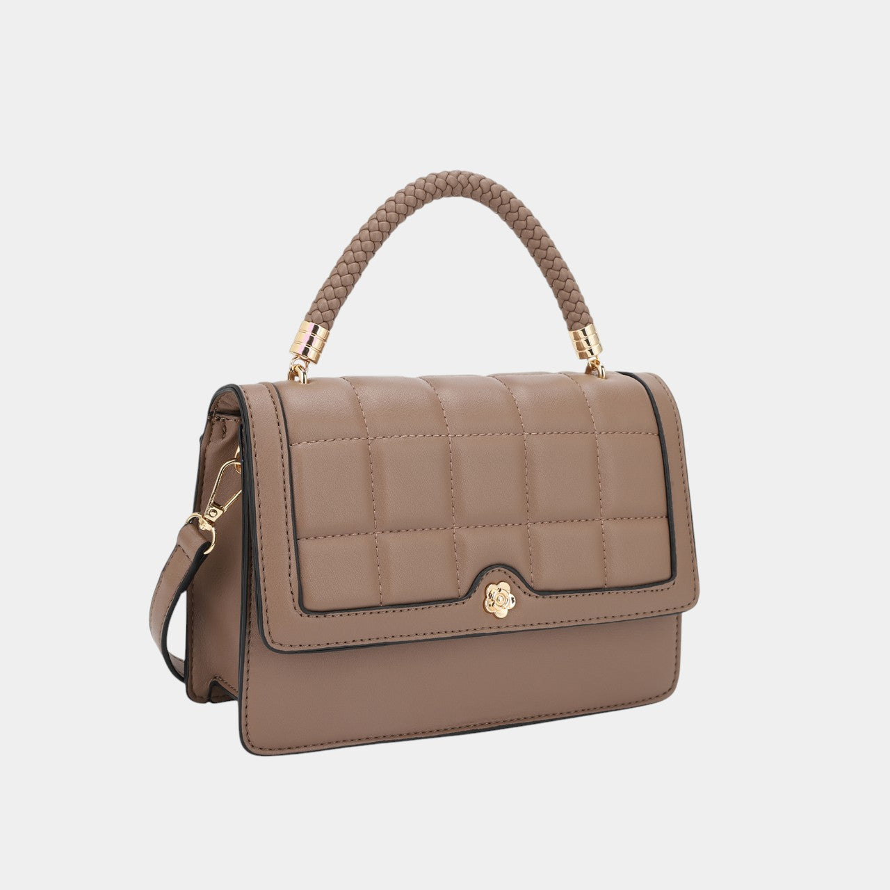 Elegant Quilted Crossbody Bag with Braided Handle and Flower Button