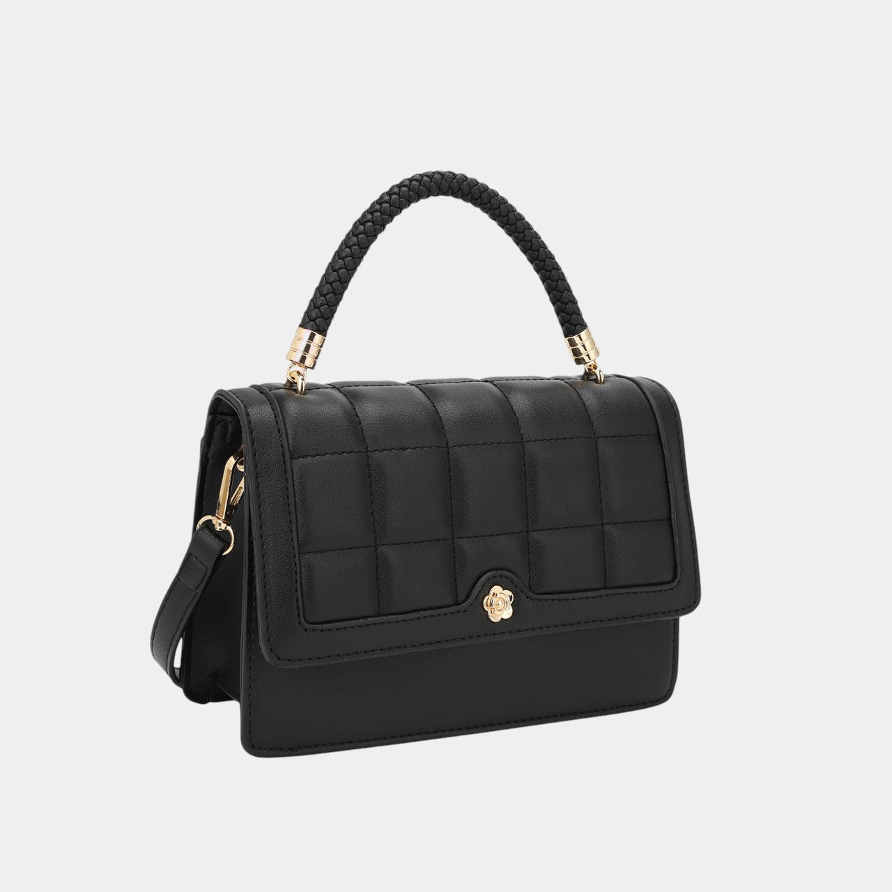 Elegant Quilted Crossbody Bag with Braided Handle and Flower Button