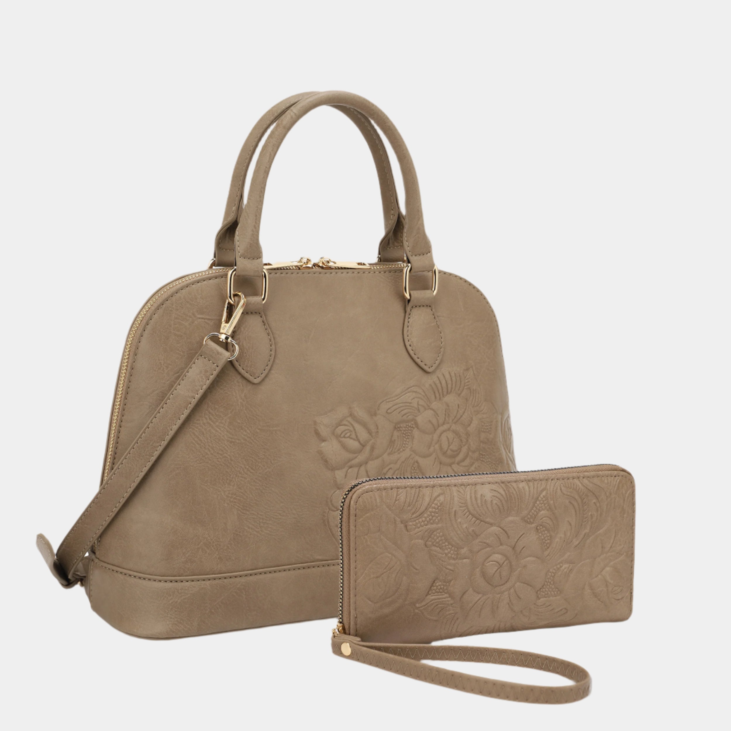 BagParty Embossed Floral Dome Satchel Handbag