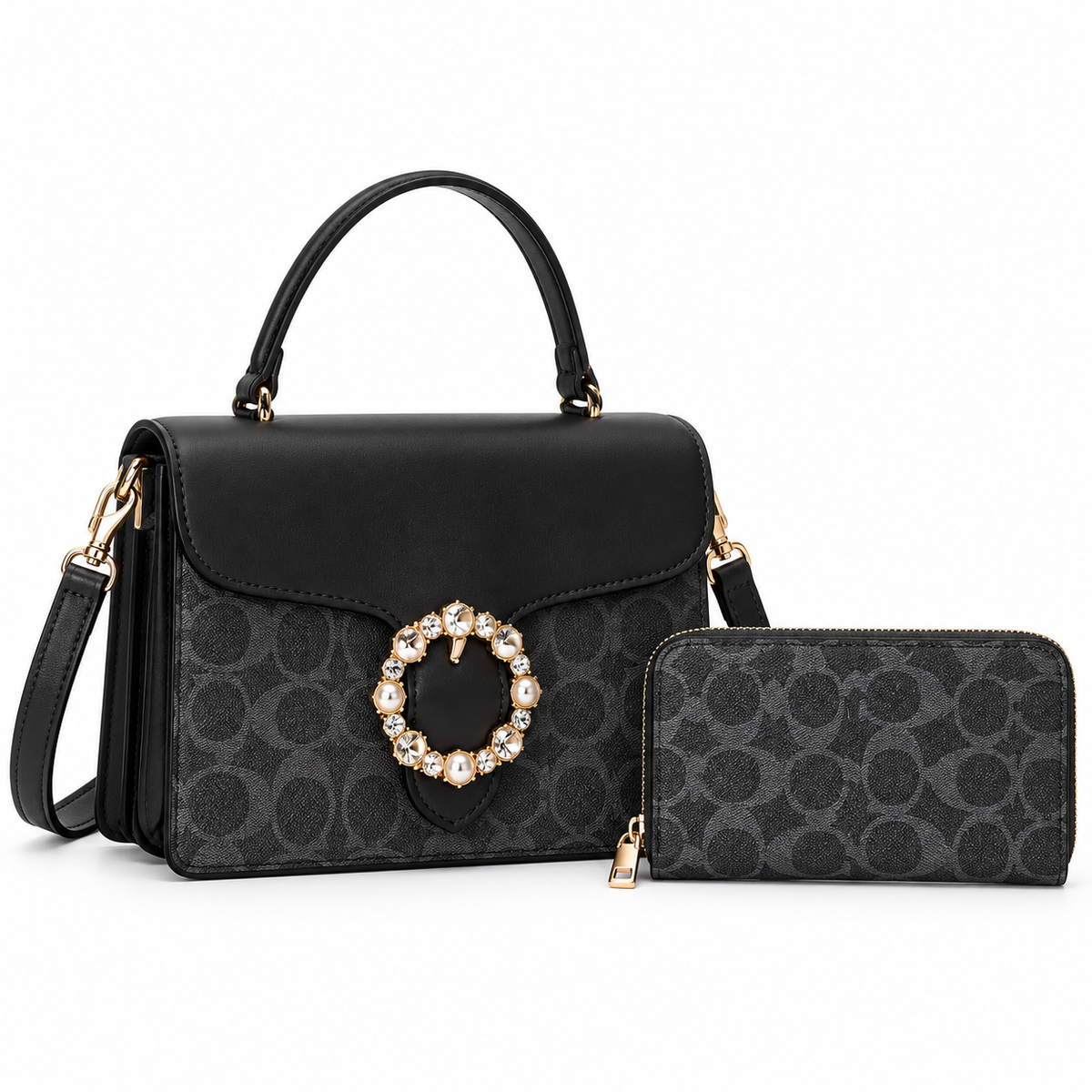 Bedazzled Rhinestone-Embellished C-Pattern Crossbody Bag Set