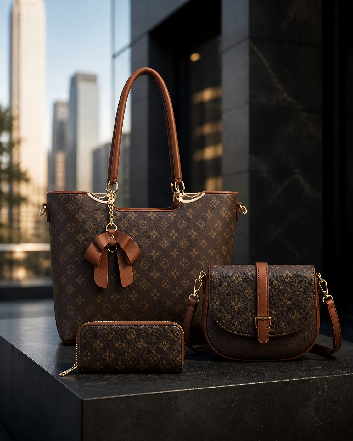 3-Piece Women’s Handbag Set, Large Tote Bag, Crossbody Shoulder Purse & Matching Wallet, Stylish Brown Fashion Set